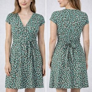 Diane von Furstenberg Silk Wrap Dress Leaf Print Teal Brown Short Sleeve Size 2